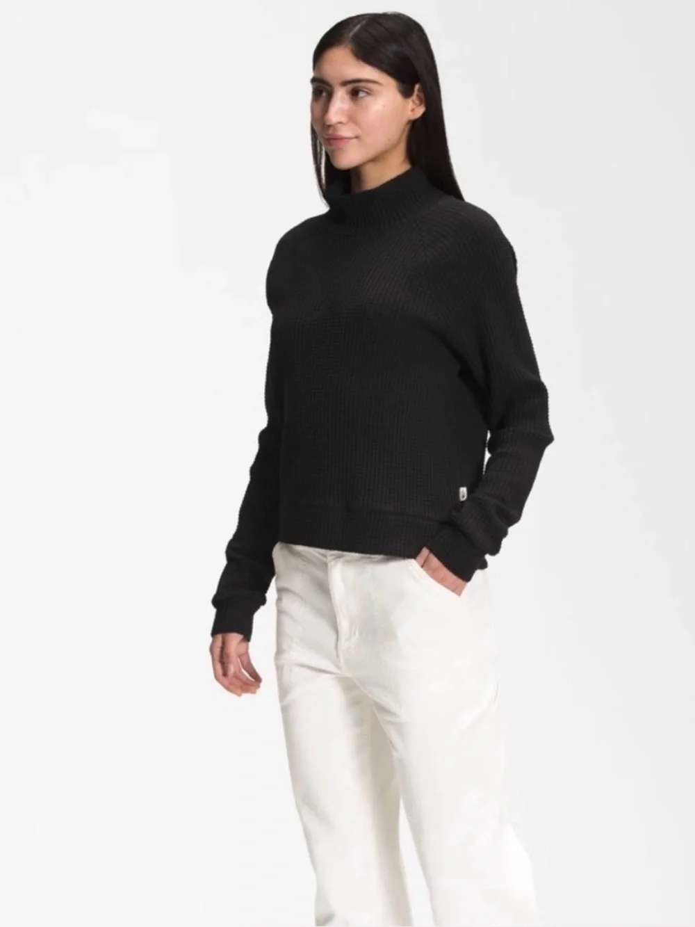 The North Face Chabot Black Waffle Knit Mock Neck Sweater Top Women's Sz L